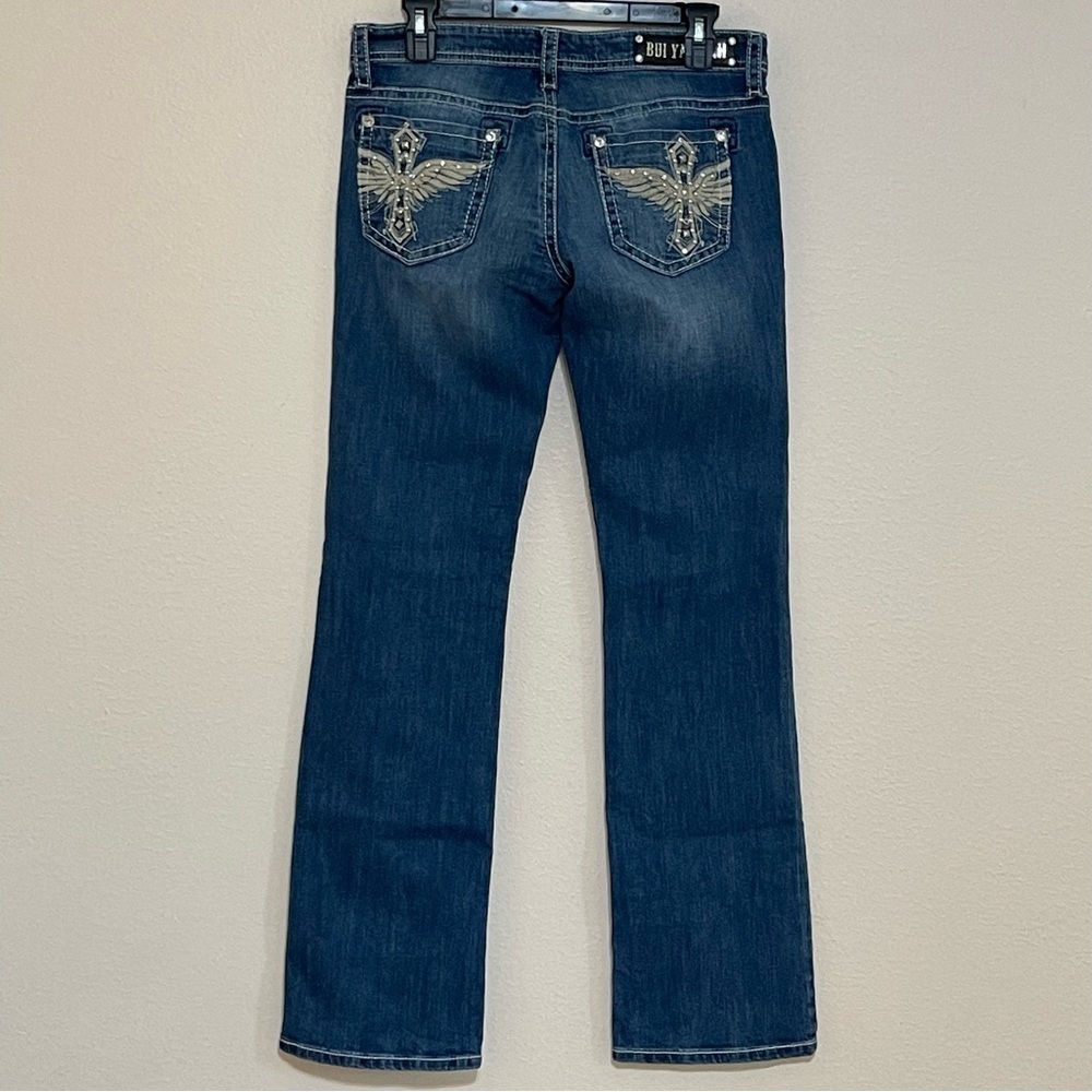 Bui Yah Kah Studded Embroidered Low Rise Jeans Angel Wings Pockets Long
